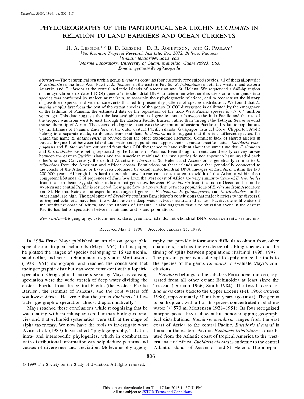 Phylogeography of the Pantropical Sea Urchin Eucidaris in Relation to Land Barriers and Ocean Currents