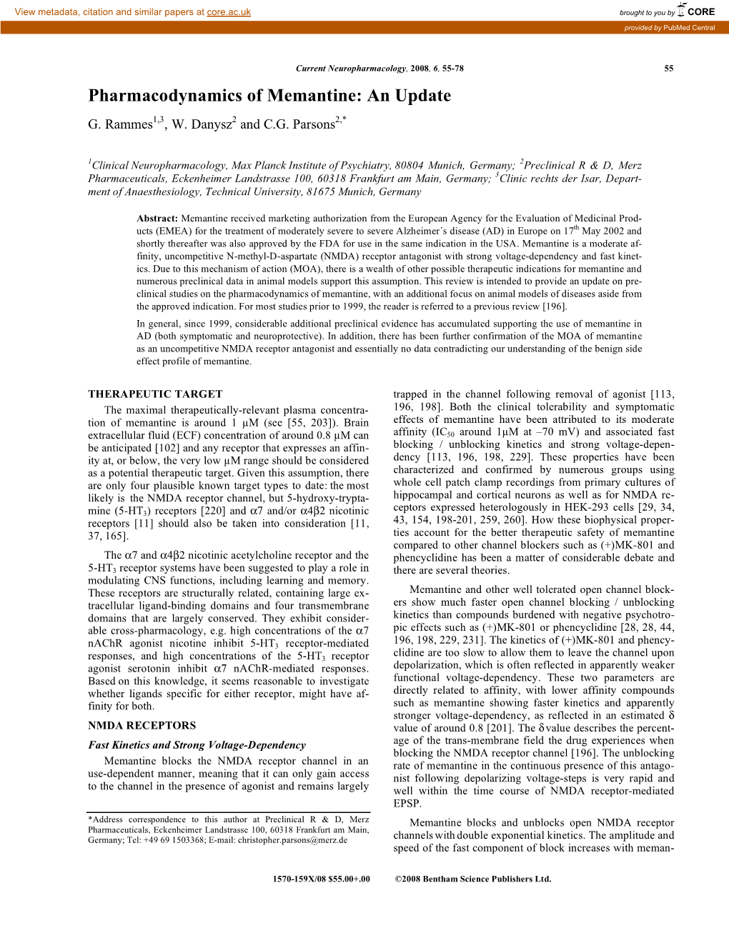 Pharmacodynamics of Memantine: an Update G