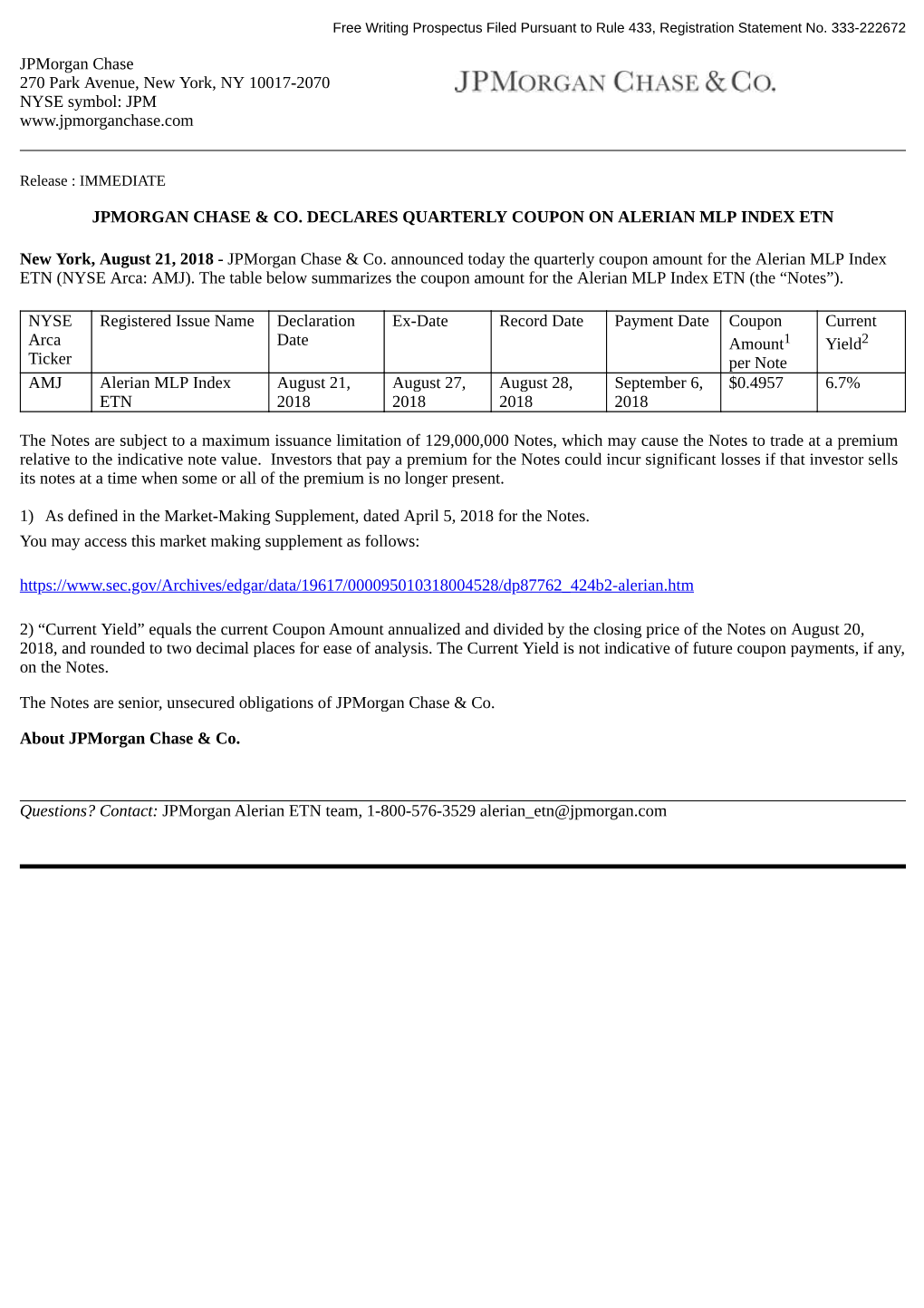 Jpmorgan Chase 270 Park Avenue, New York, NY 10017-2070 NYSE Symbol: JPM