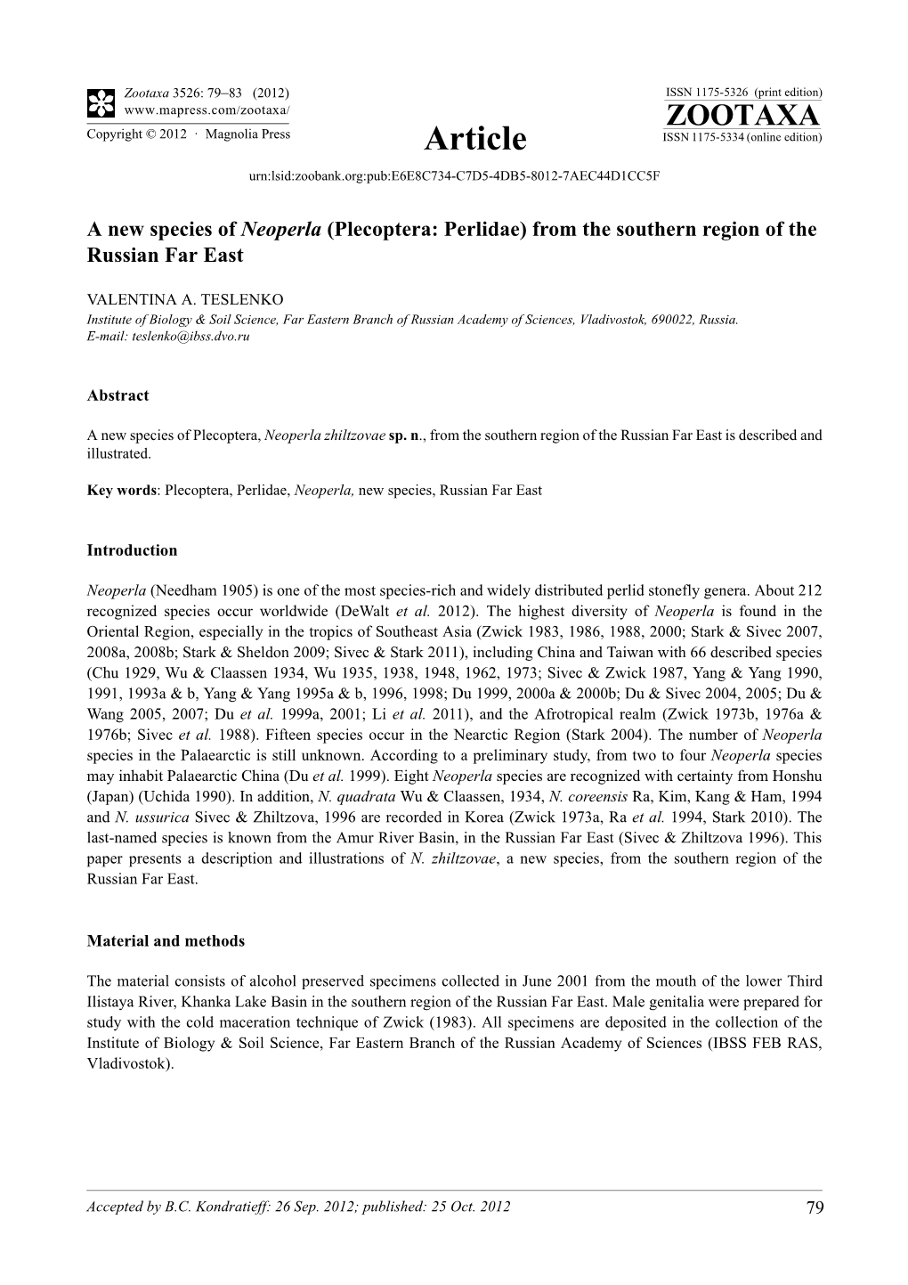 A New Species of Neoperla (Plecoptera: Perlidae) from the Southern Region of the Russian Far East