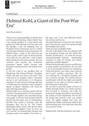 Helmut Kohl, a Giant of the Post-War Era*