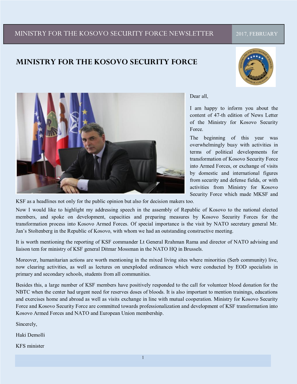 Ministry for the Kosovo Security Force Newsletter 2017, February
