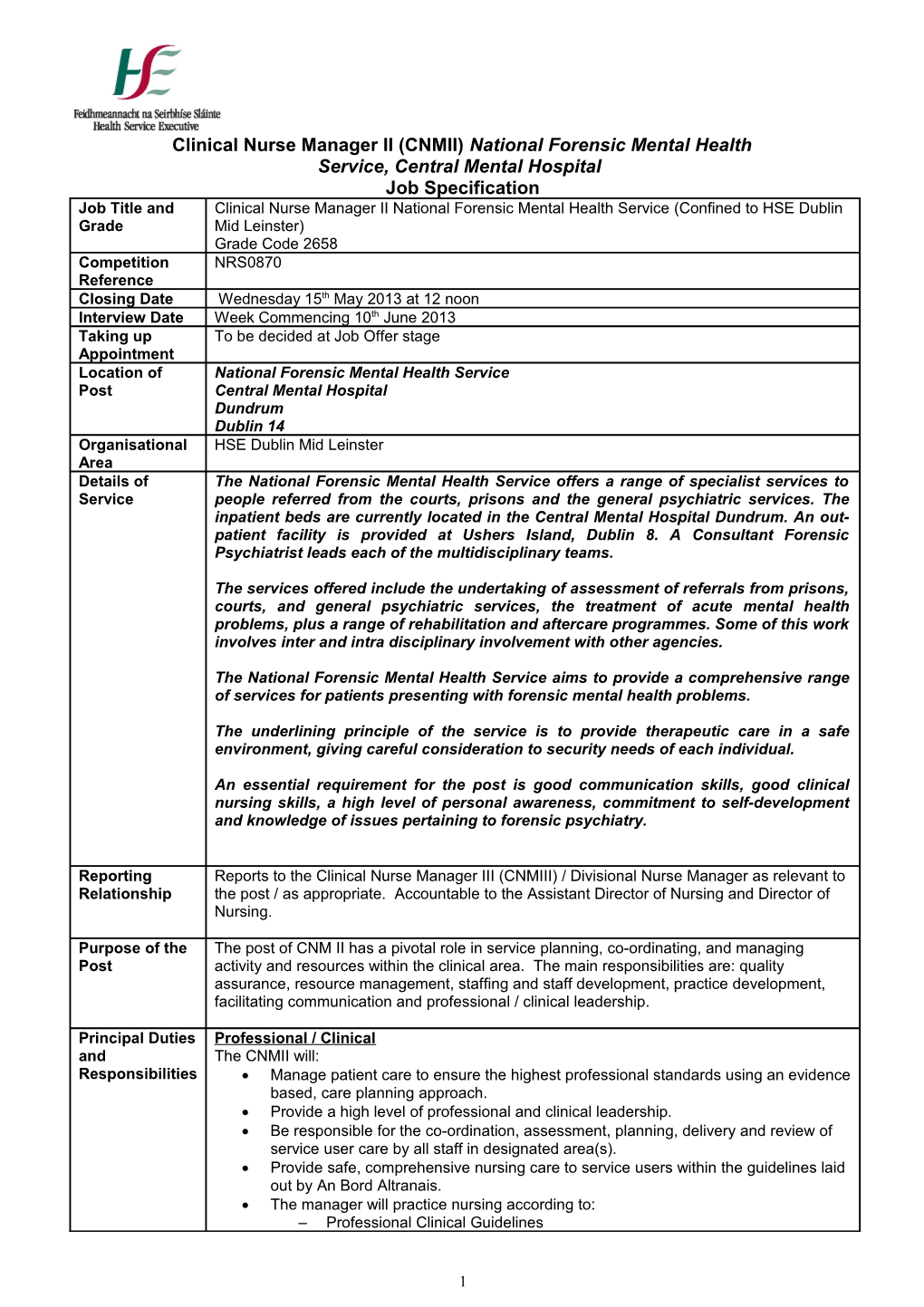 Clinical Nurse Manager II (CNMII) National Forensic Mental Health Service, Central Mental