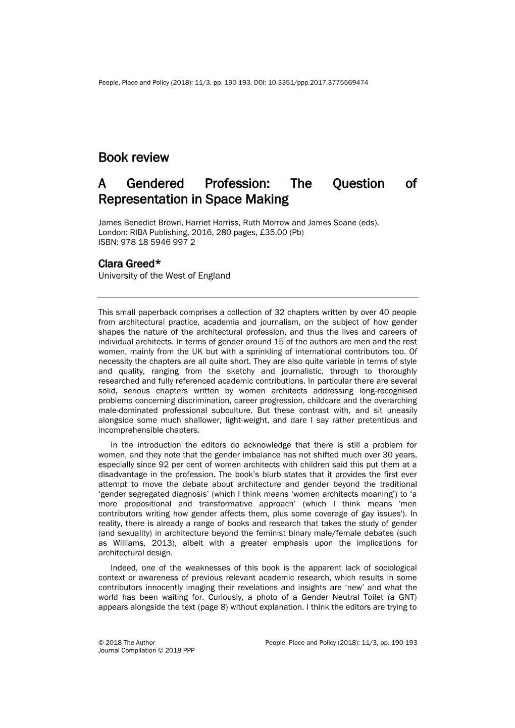 Book Review a Gendered Profession: the Question of Representation in Space Making