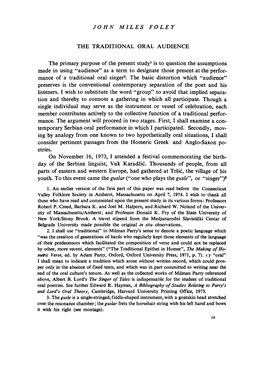 THE TRADITIONAL ORAL AUDIENCE the Primary Purpose of the Present Study1 Is to Question the Assumptions Made in Using “Audience