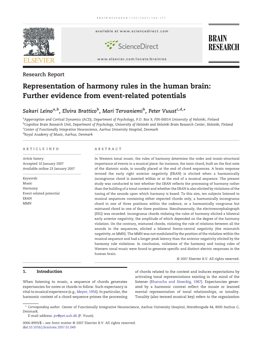 Representation of Harmony Rules in the Human Brain: Further Evidence from Event-Related Potentials