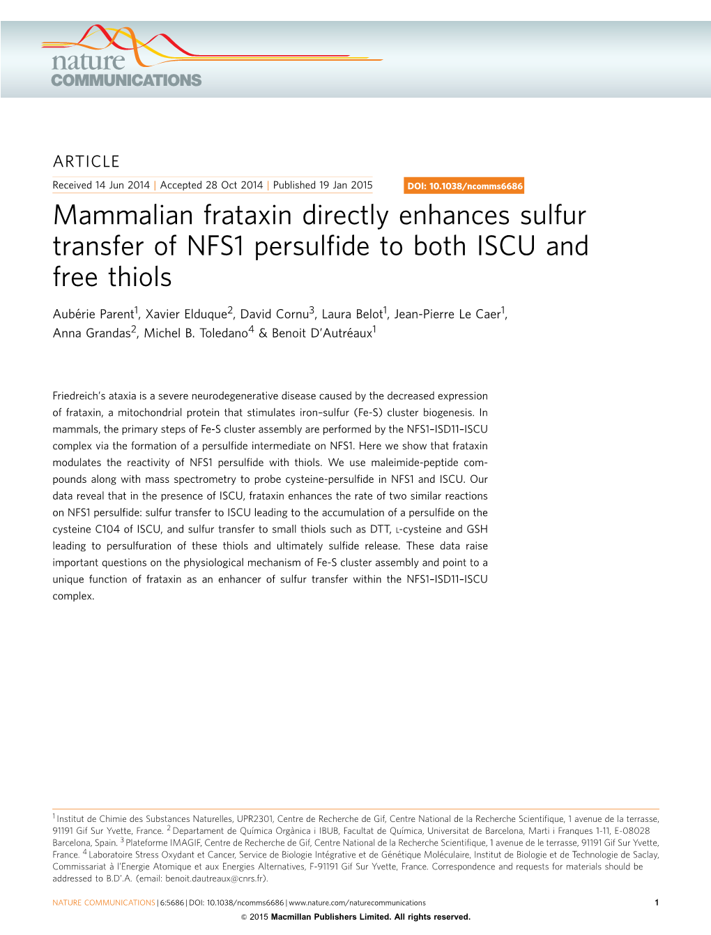 Mammalian Frataxin Directly Enhances Sulfur Transfer of NFS1 Persulfide To