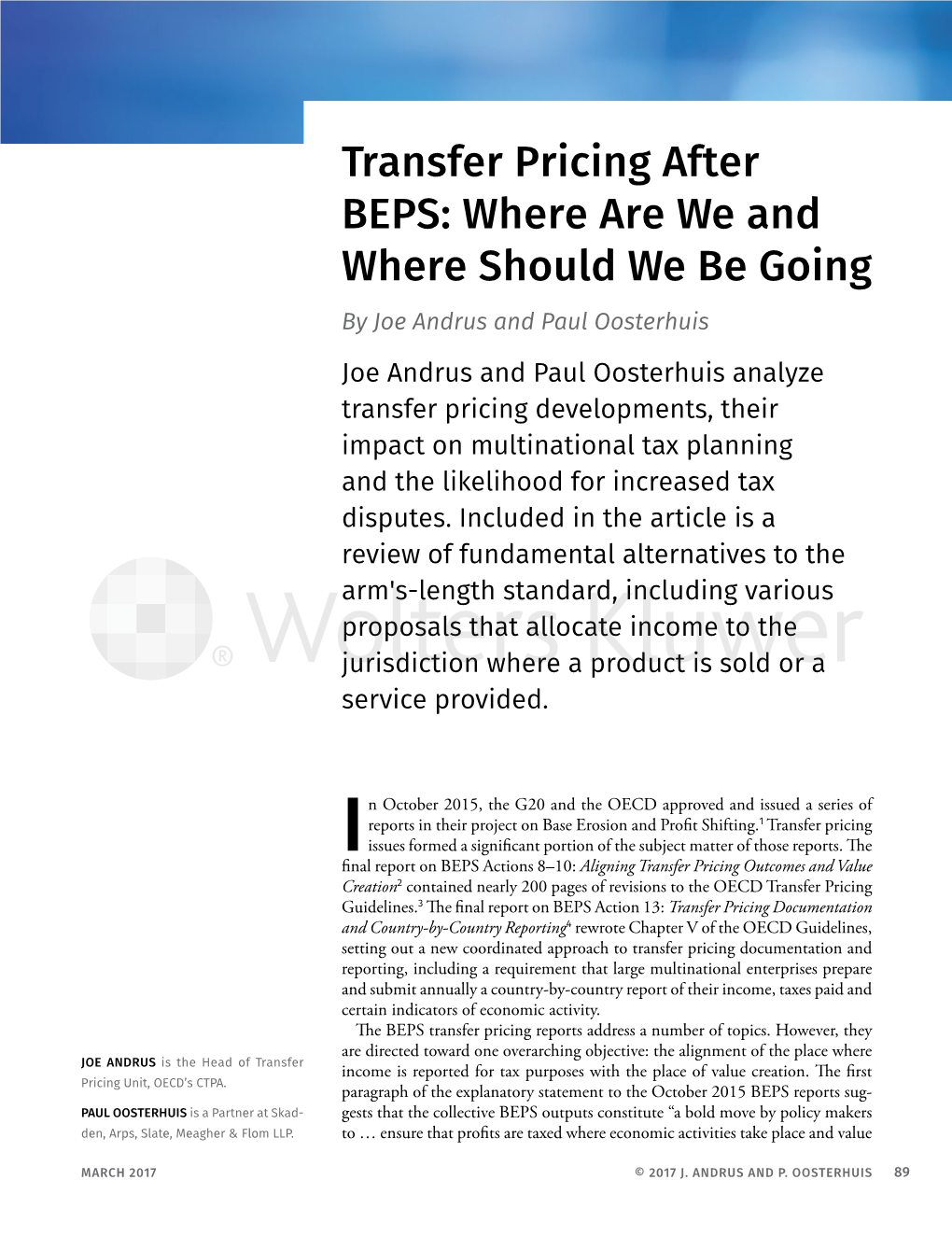 Transfer Pricing After BEPS: Where Are We and Where Should We Be