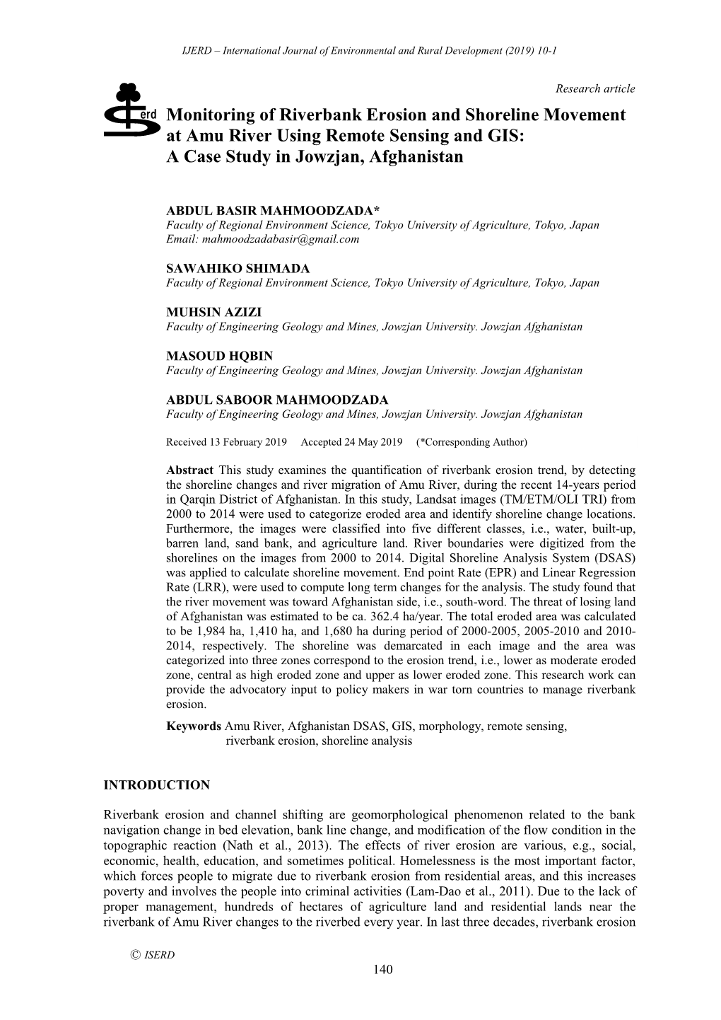 Monitoring of Riverbank Erosion and Shoreline Movement at Amu River Using Remote Sensing and GIS: a Case Study in Jowzjan, Afghanistan