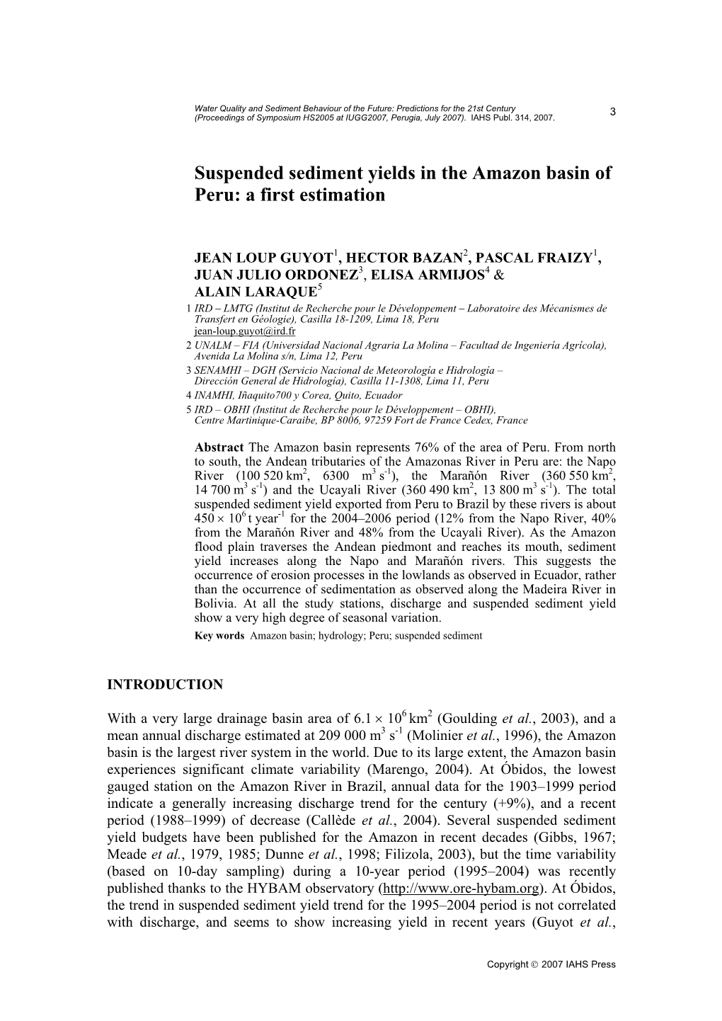 Suspended Sediment Yields in the Amazon Basin of Peru: a First Estimation