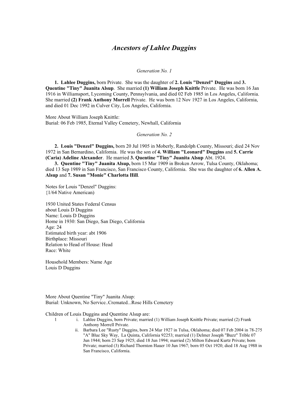 Ancestors of Lahlee Duggins - DocsLib