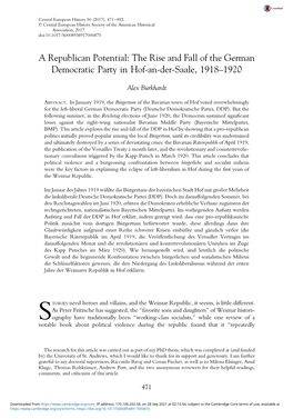 A Republican Potential: the Rise and Fall of the German Democratic Party in Hof-An-Der-Saale, 1918–1920