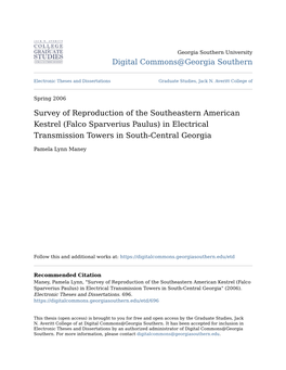 Survey of Reproduction of the Southeastern American Kestrel (Falco Sparverius Paulus) in Electrical Transmission Towers in South-Central Georgia