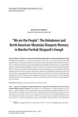 “We Are the People”: the Holodomor and North American-Ukrainian Diasporic Memory in Marsha Forchuk Skrypuch's Enough