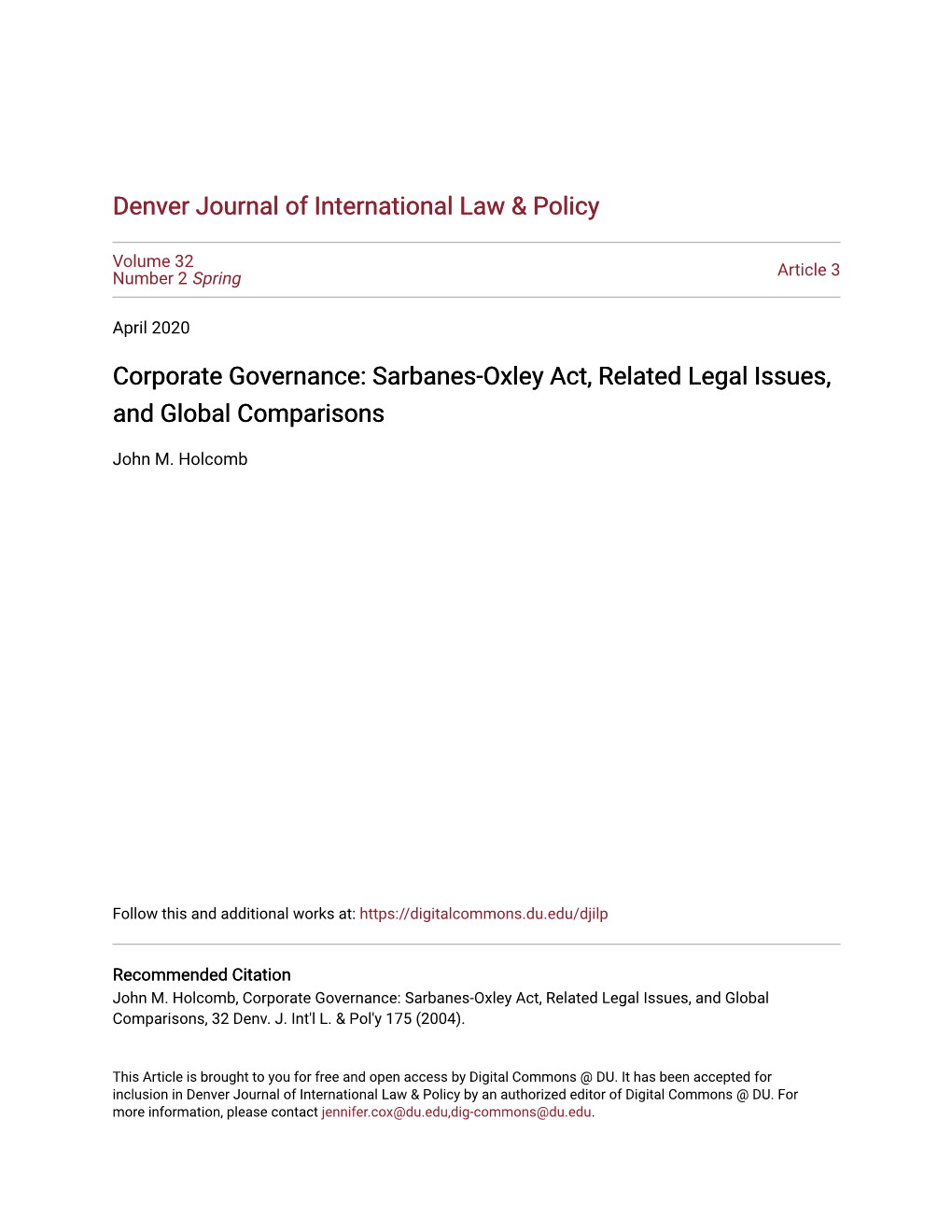 Corporate Governance: Sarbanes-Oxley Act, Related Legal Issues, and Global Comparisons