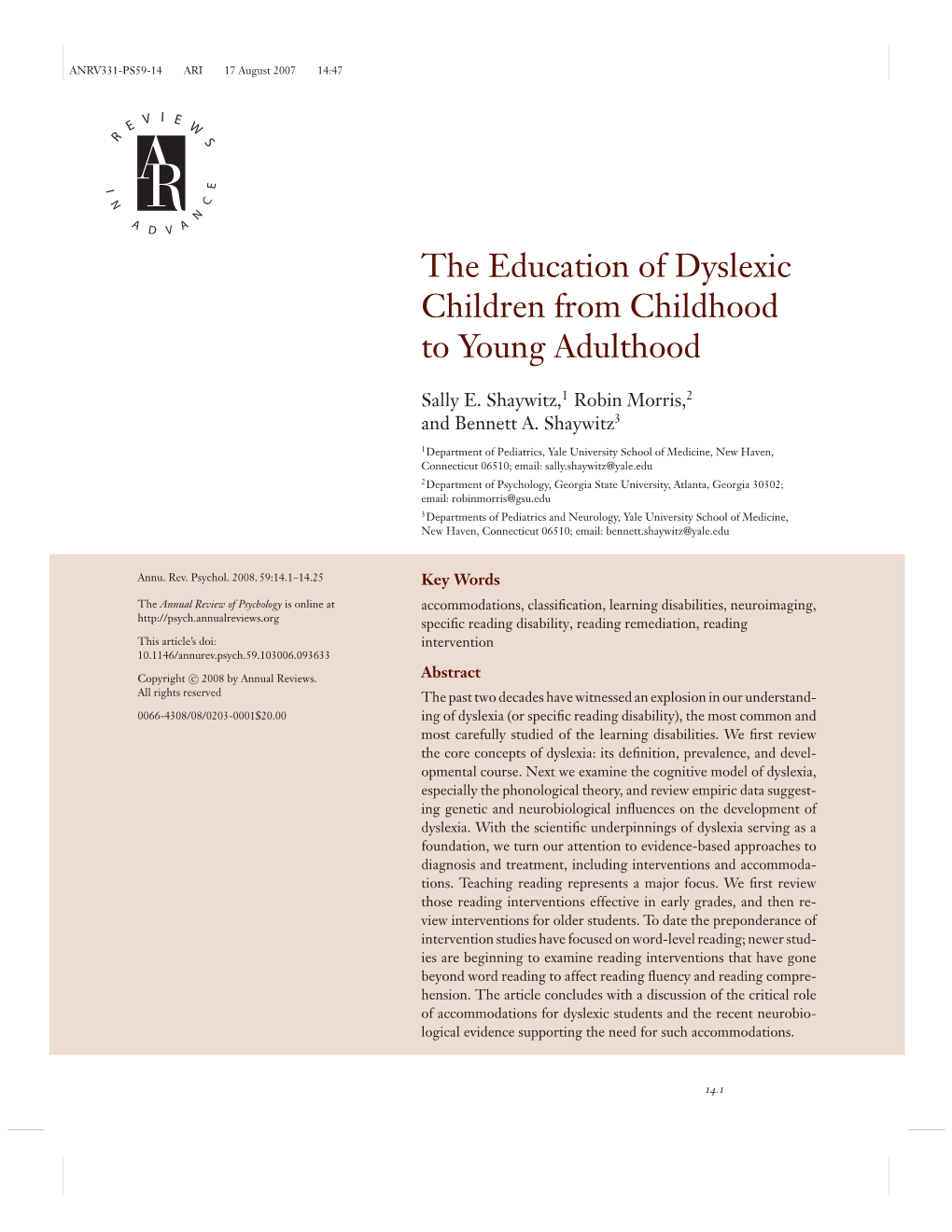 The Education of Dyslexic Children from Childhood to Young Adulthood