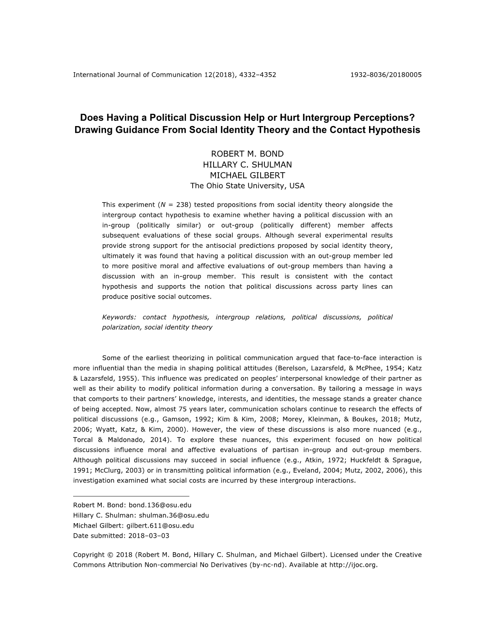 Does Having a Political Discussion Help Or Hurt Intergroup Perceptions? Drawing Guidance from Social Identity Theory and the Contact Hypothesis