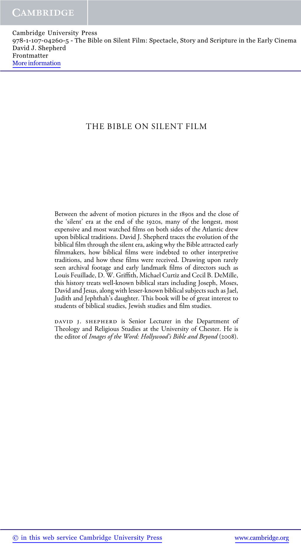 The Bible on Silent Film: Spectacle, Story and Scripture in the Early Cinema David J