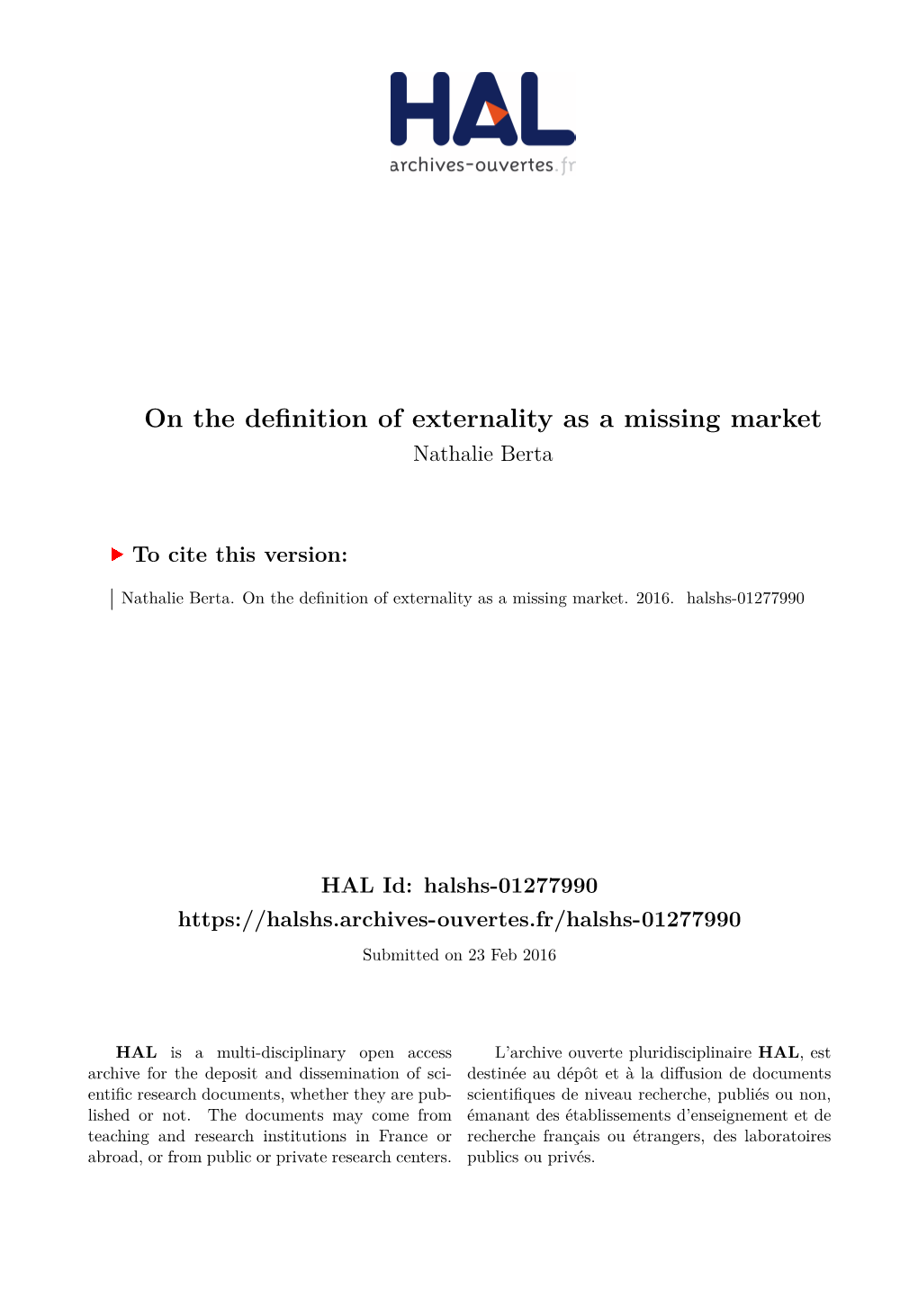 On the Definition of Externality As a Missing Market Nathalie Berta