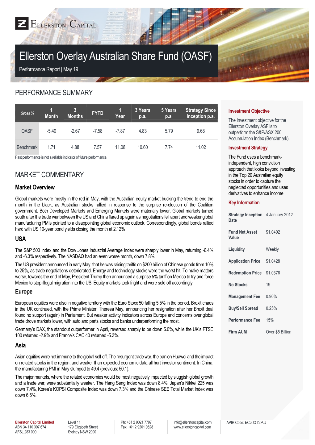 Ellerston Overlay Australian Share Fund (OASF) Performance Report | May 19