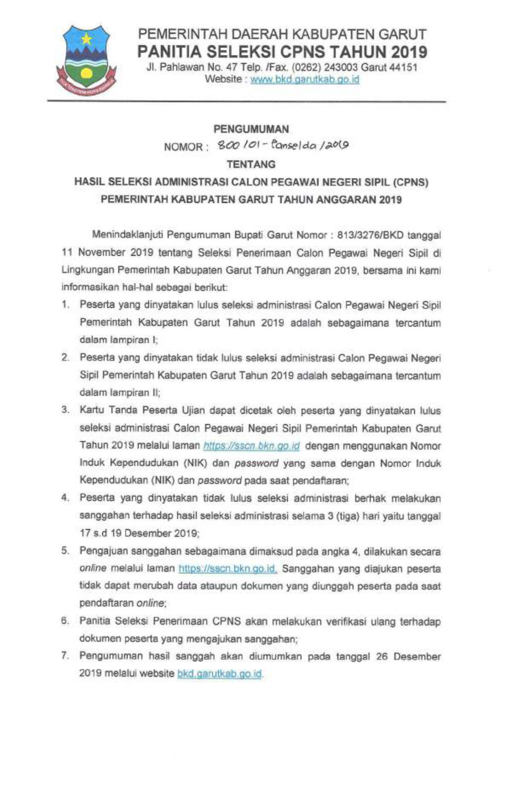 Pengumuman Hasil Seleksi Ad