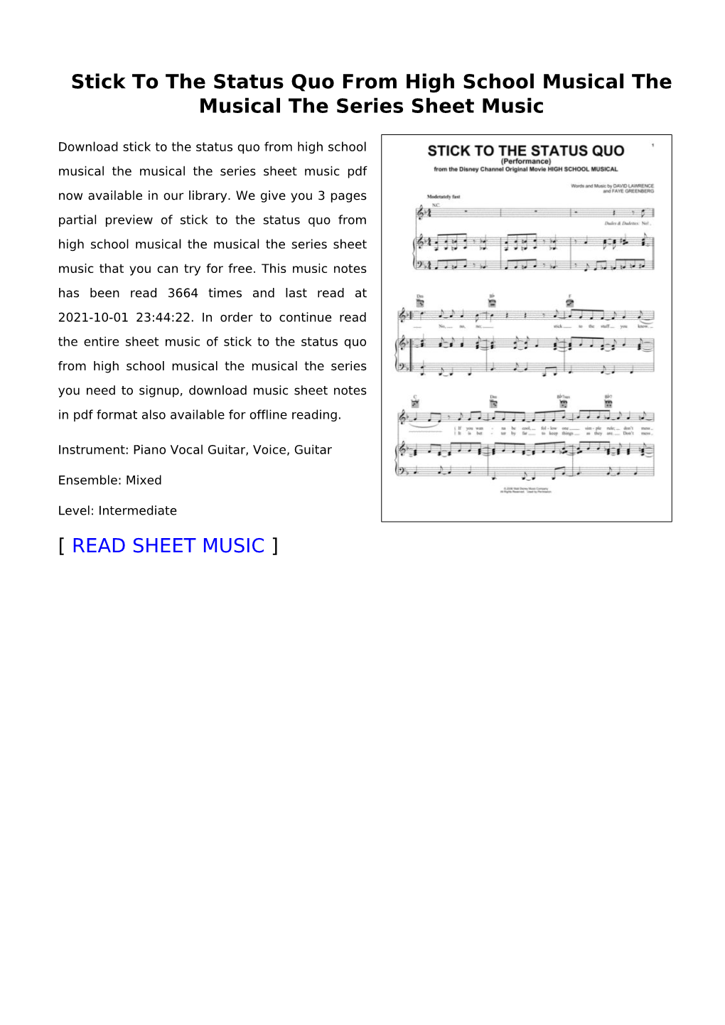 Sheet Music of Stick to the Status Quo from High School Musical The