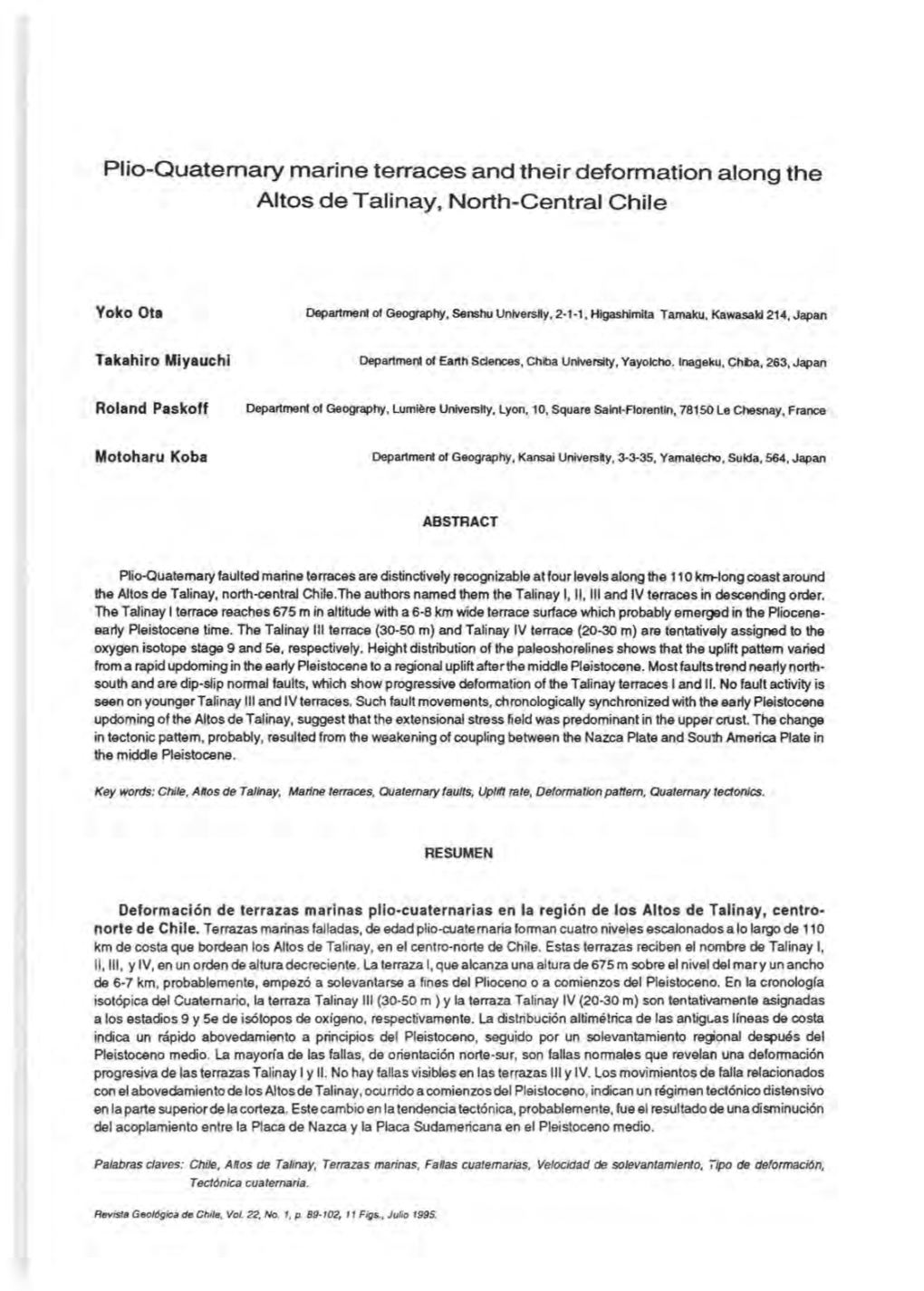 Plio-Quaternary Marine Terraces and Their Deformation Along the Altos De Talinay, North-Central Chile