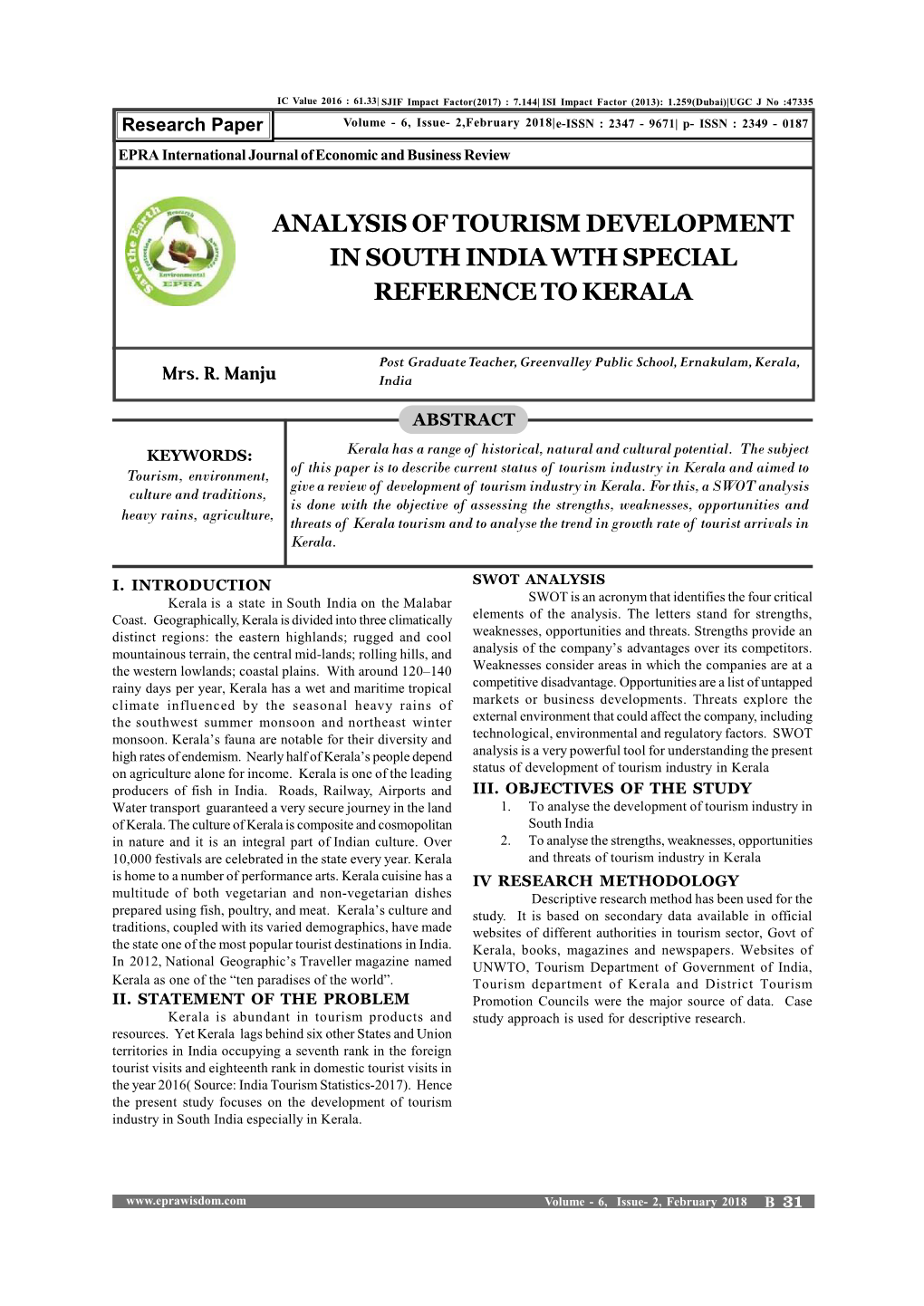 Analysis of Tourism Development in South India Wth Special Reference to Kerala