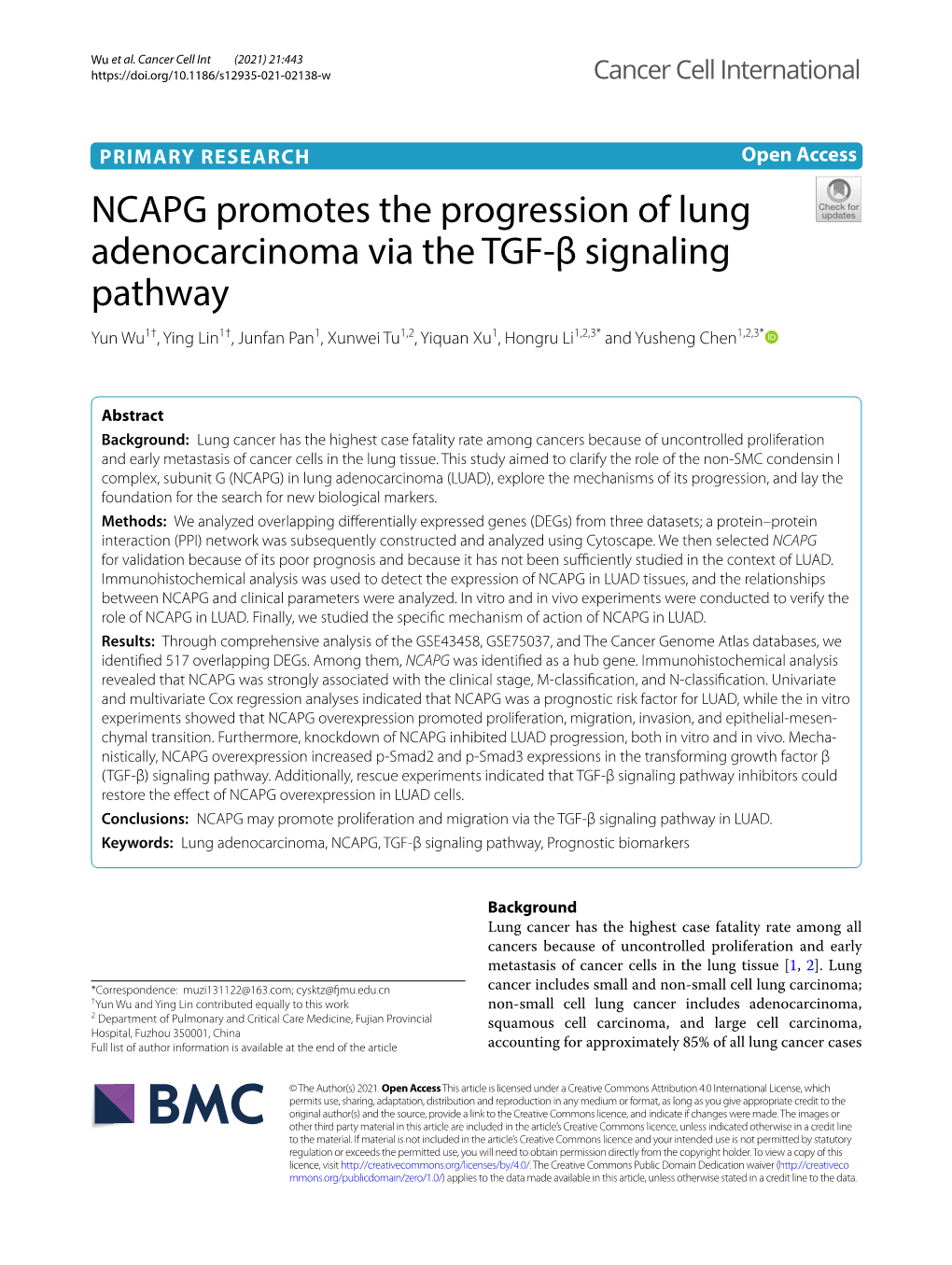 NCAPG Promotes the Progression of Lung Adenocarcinoma Via the TGF-Β