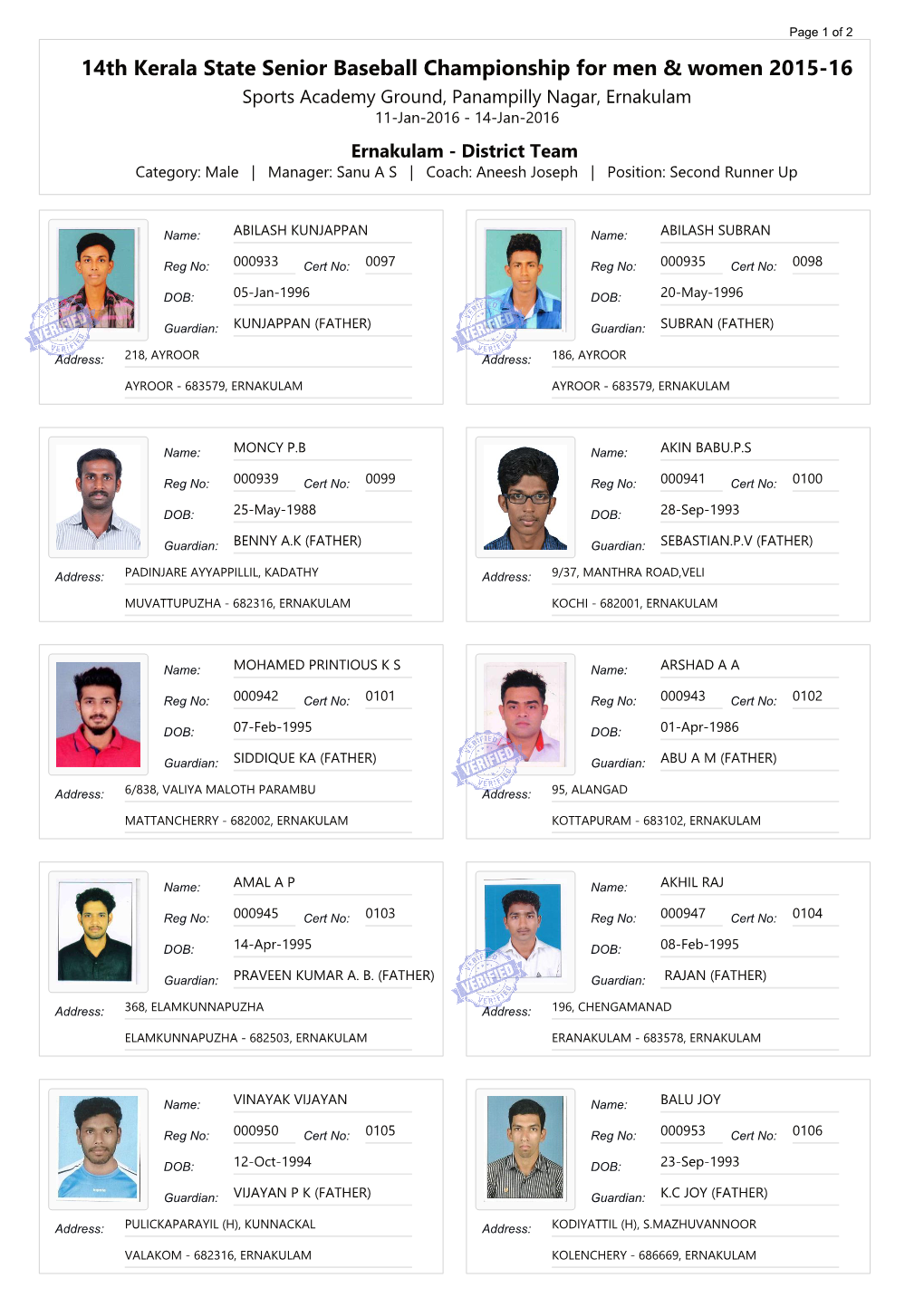 14Th Kerala State Senior Baseball Championship for Men & Women