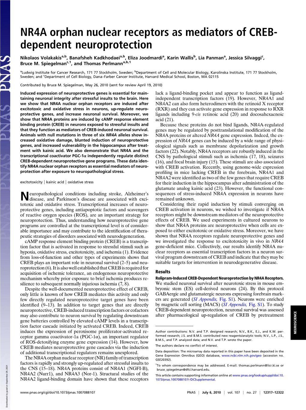 NR4A Orphan Nuclear Receptors As Mediators of CREB- Dependent Neuroprotection