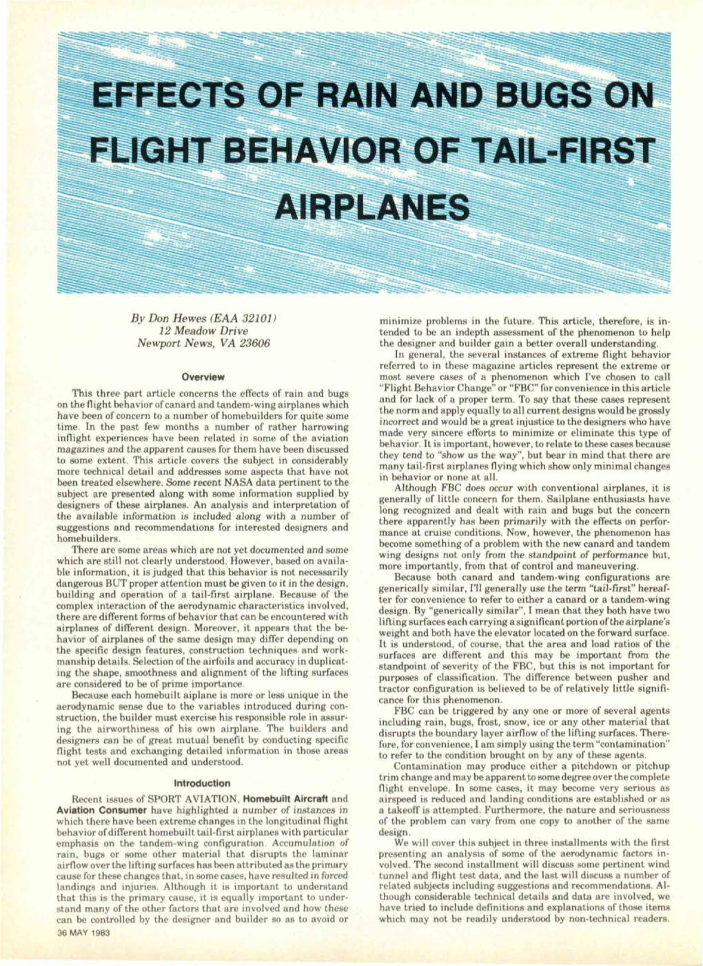 Effect of Rain and Bugs on Flight Behavior of Tail-First Airplanes