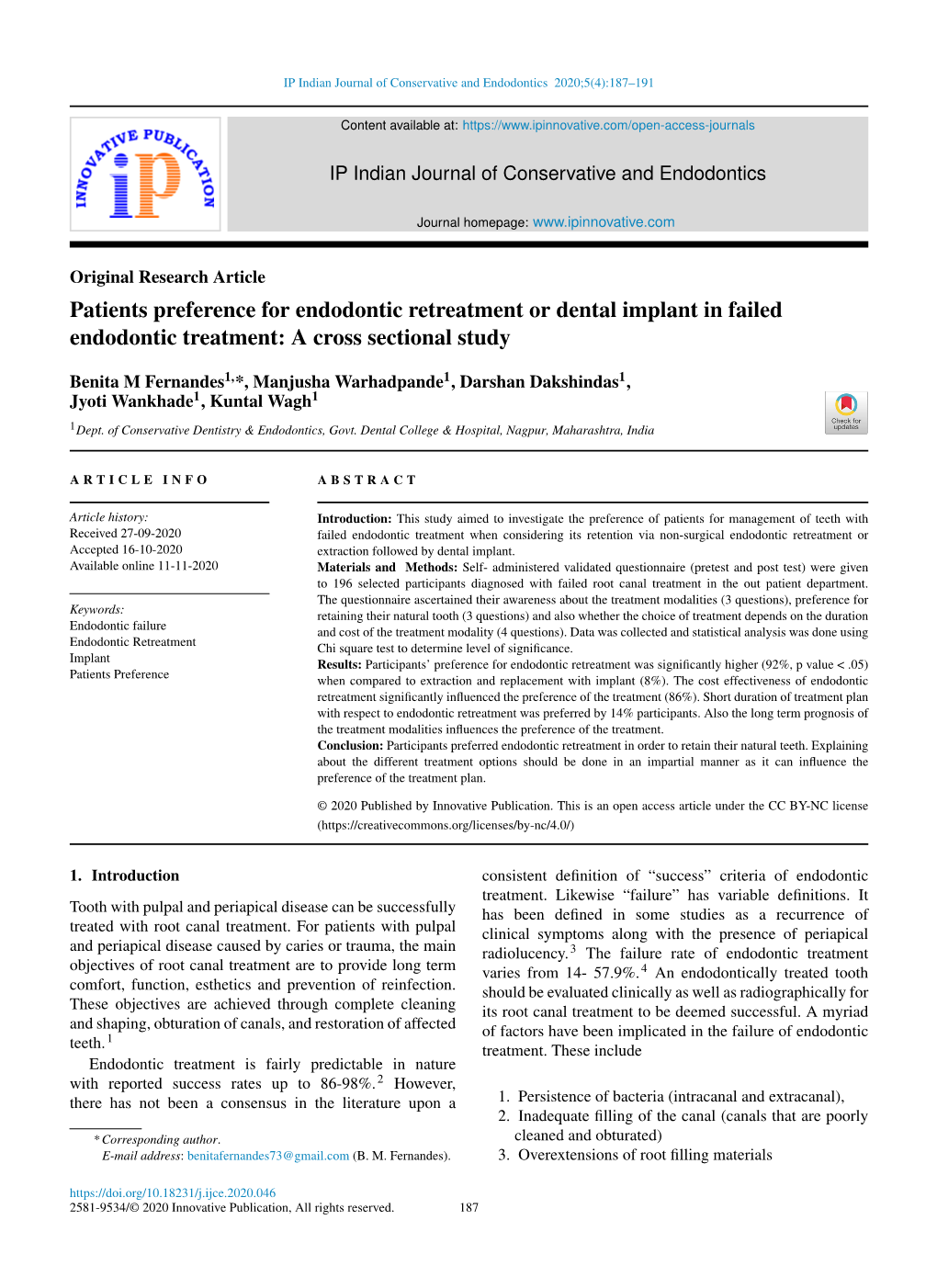 Patients Preference for Endodontic Retreatment Or Dental Implant in Failed Endodontic Treatment: a Cross Sectional Study