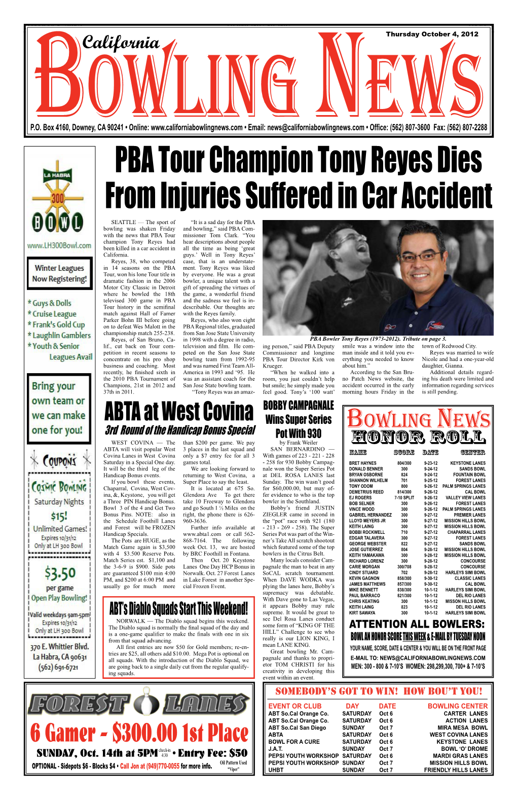 Pba Tour Champion Tony Reyes Dies from Injuries Suffered in Car Accident