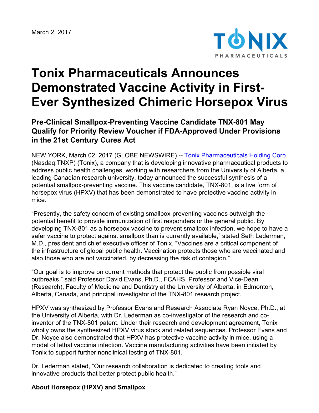 Tonix Pharmaceuticals Announces Demonstrated Vaccine Activity in First- Ever Synthesized Chimeric Horsepox Virus