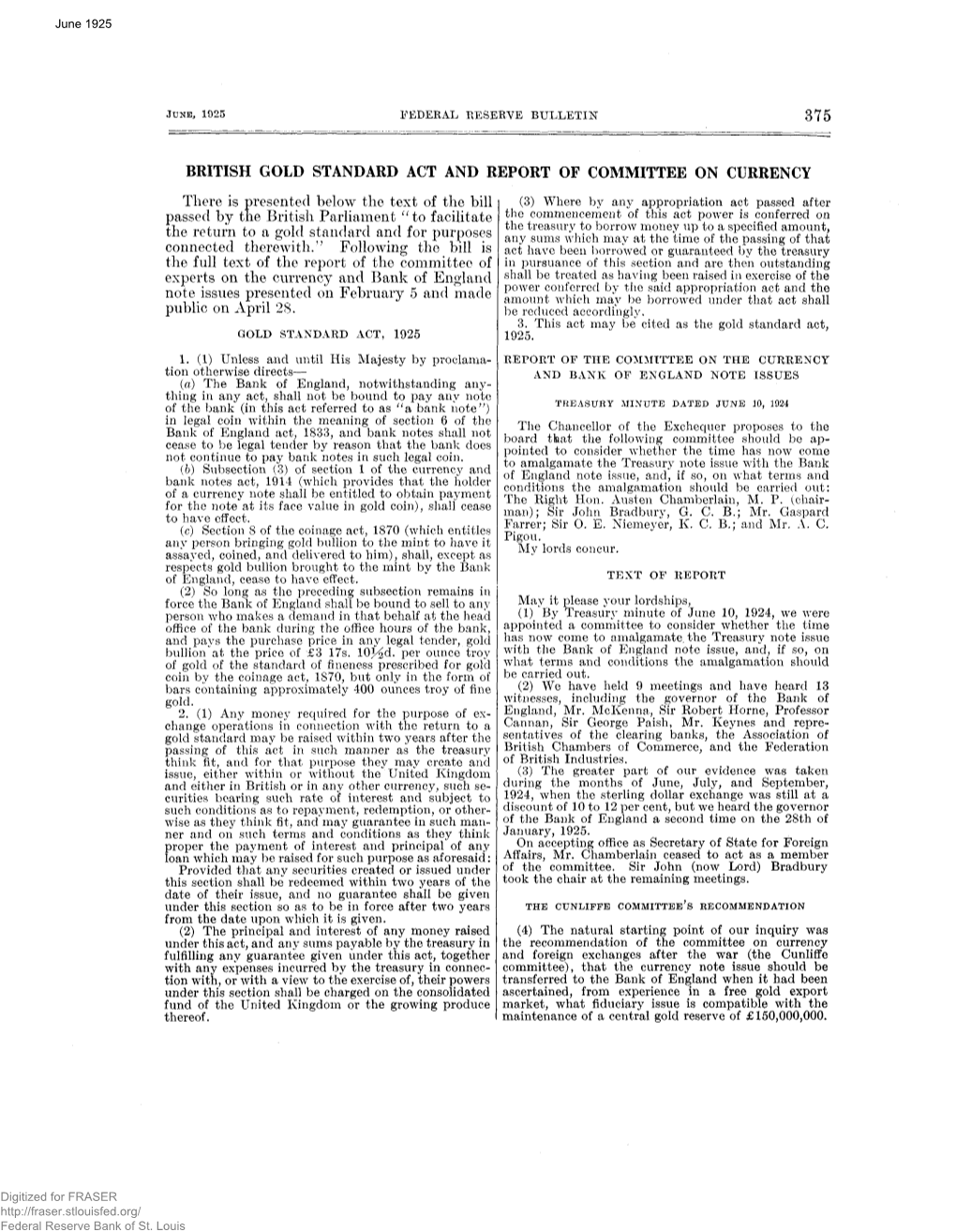 British Gold Standard Act and Report of Committee on Currency