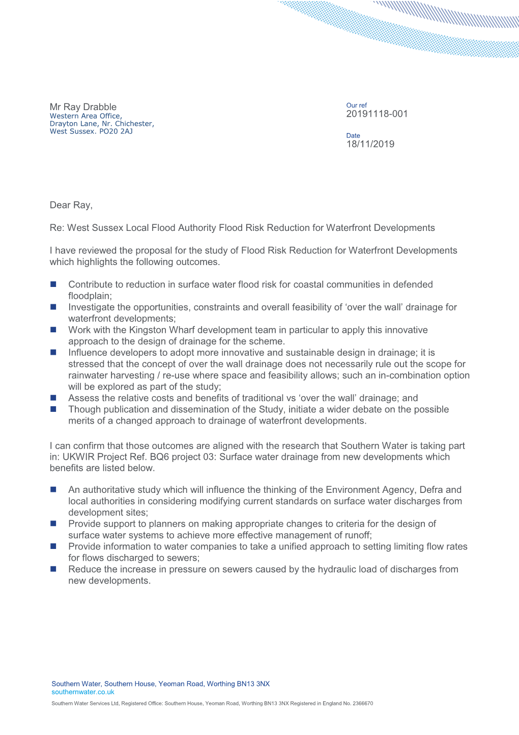 Southern Water Letter of Support for the Project