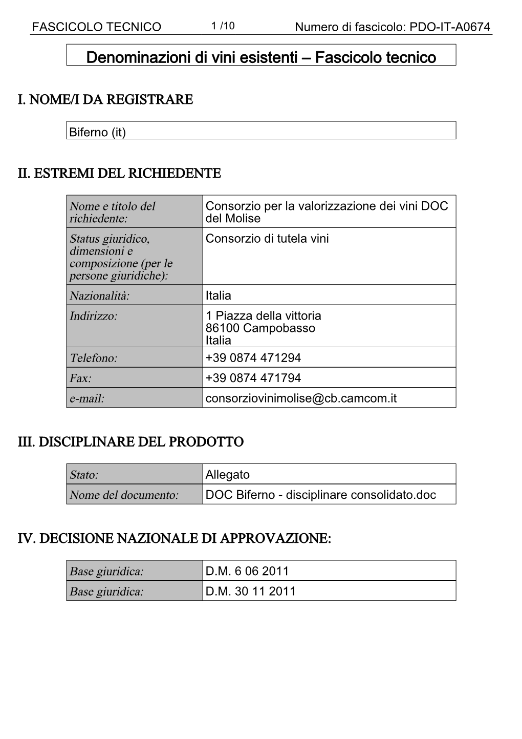 Denominazioni Di Vini Esistenti – Fascicolo Tecnico