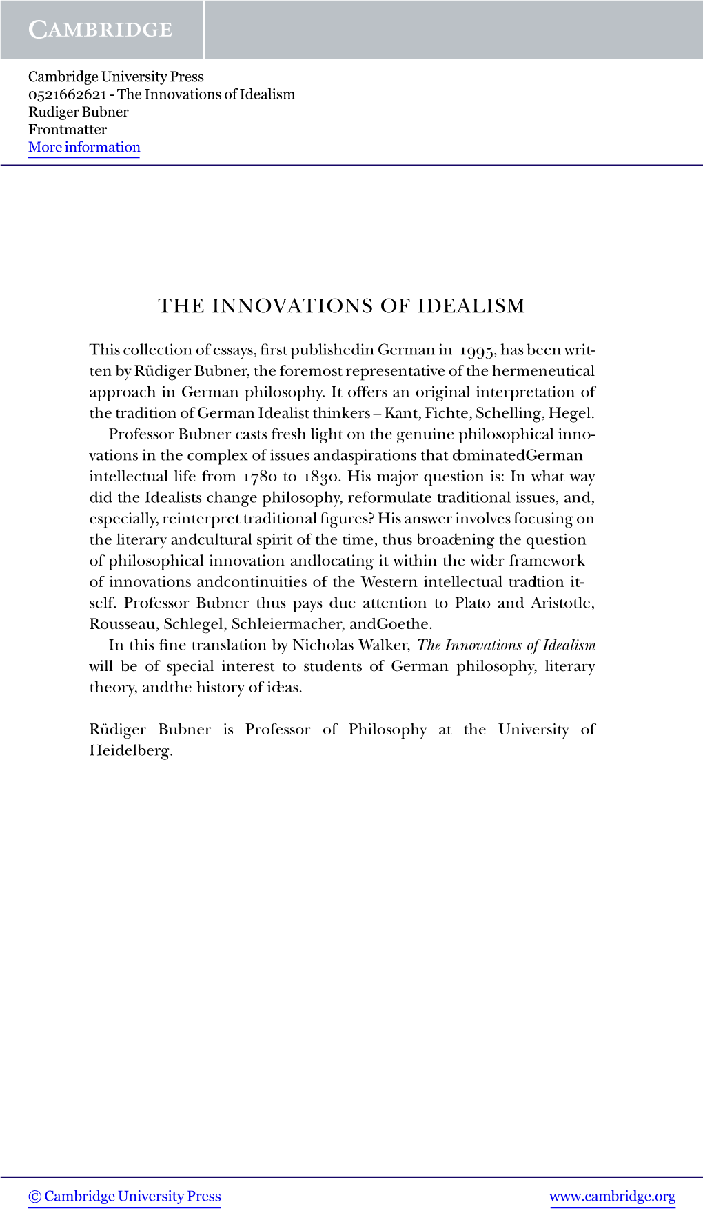 The Innovations of Idealism Rudiger Bubner Frontmatter More Information