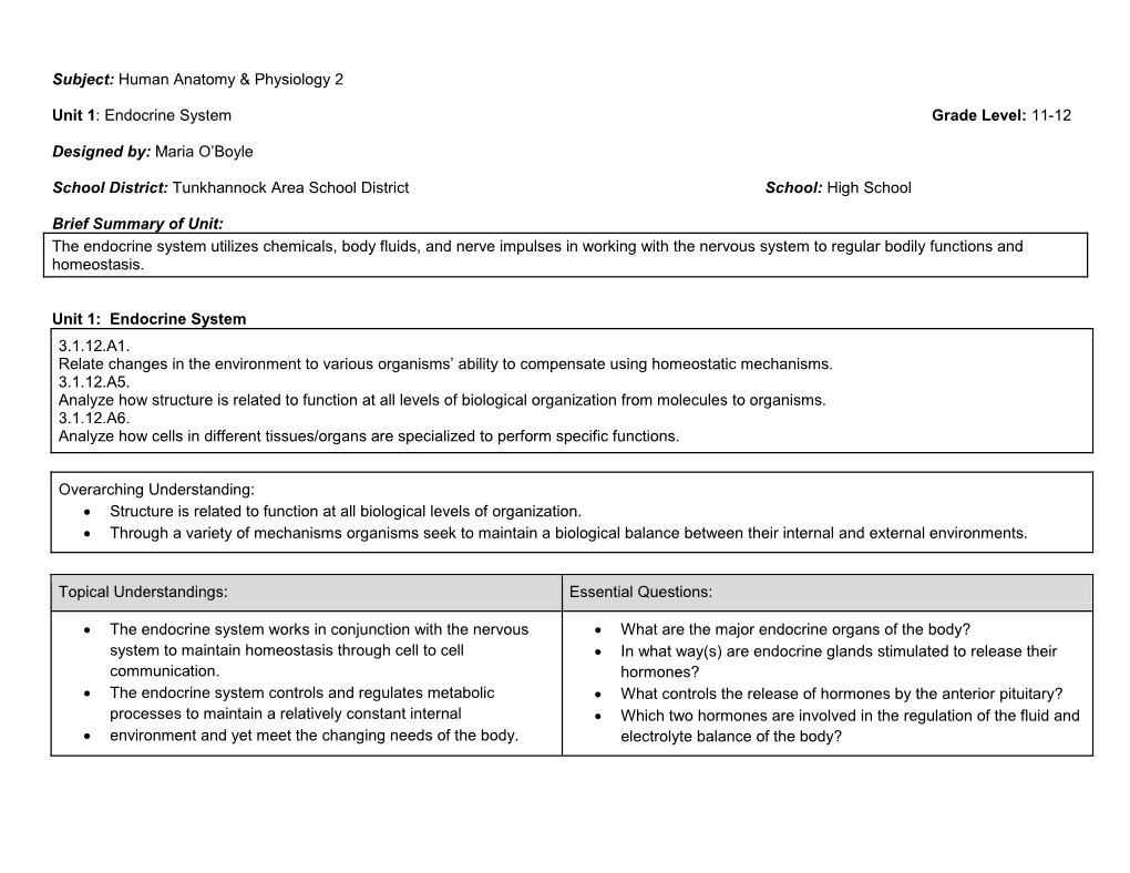 Human Anatomy & Physiology 2 Unit 1: Endocrine System Grade Level