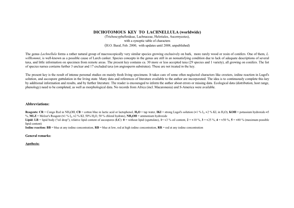 DICHOTOMOUS KEY to LACHNELLULA (Worldwide) (Trichoscyphelloideae, Lachnaceae, Helotiales, Ascomycetes), with a Synoptic Table of Characters (H.O