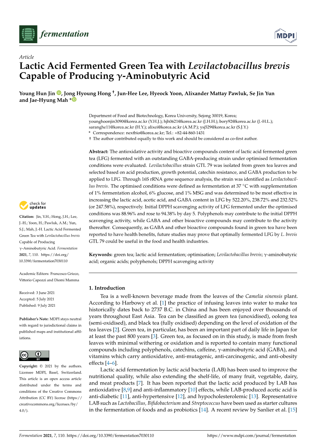 Lactic Acid Fermented Green Tea with Levilactobacillus Brevis Capable of Producing Γ-Aminobutyric Acid