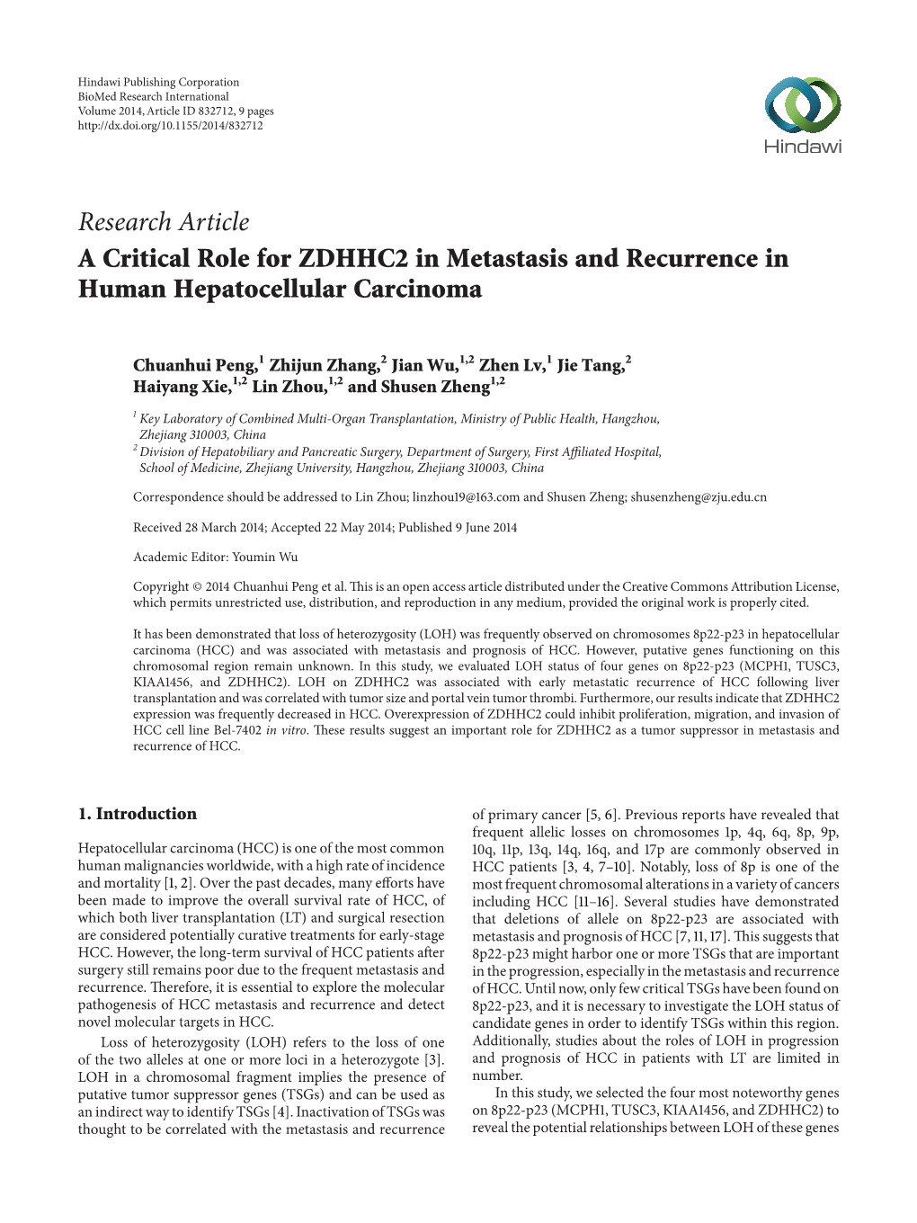 A Critical Role for ZDHHC2 in Metastasis and Recurrence in Human Hepatocellular Carcinoma