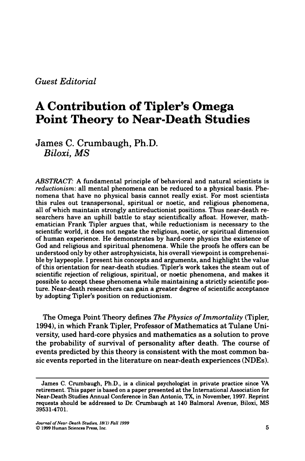 A Contribution of Tipler's Omega Point Theory to Near-Death Studies