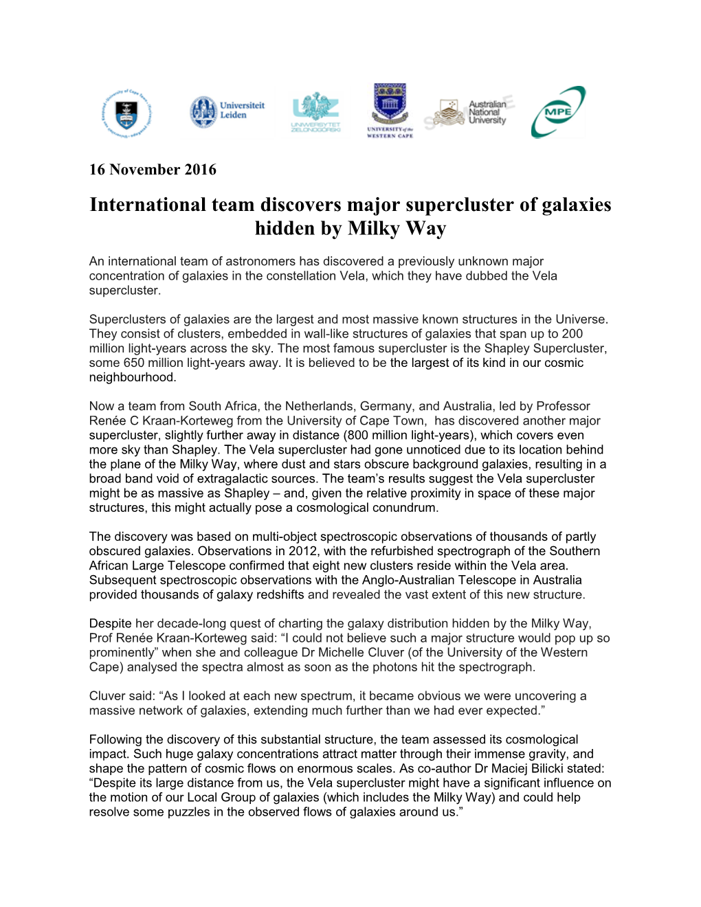 International Team Discovers Major Supercluster of Galaxies Hidden by Milky Way