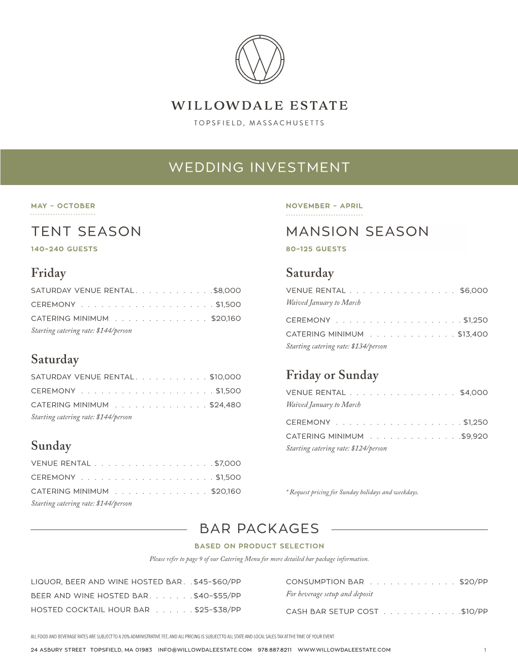 Tent Season Bar Packages Mansion Season Wedding