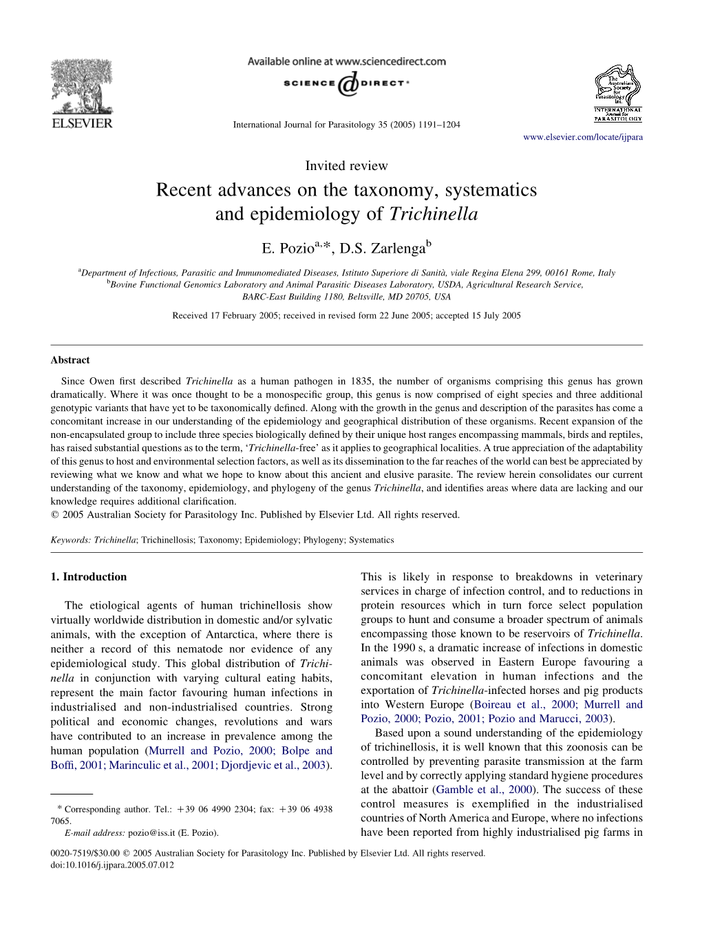 Recent Advances on the Taxonomy, Systematics and Epidemiology of Trichinella