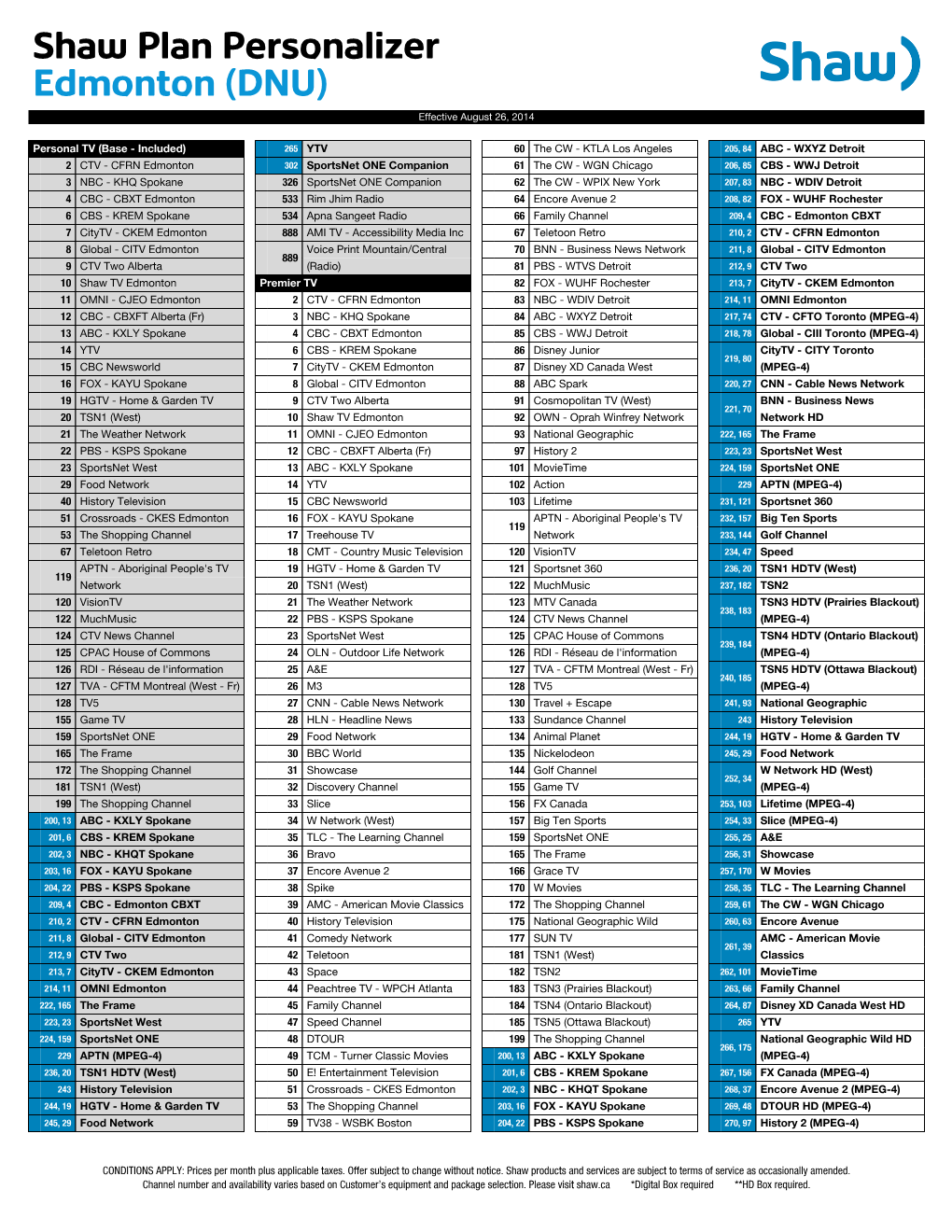 Shaw Plan Personalizer Edmonton (DNU) Effective August 26, 2014