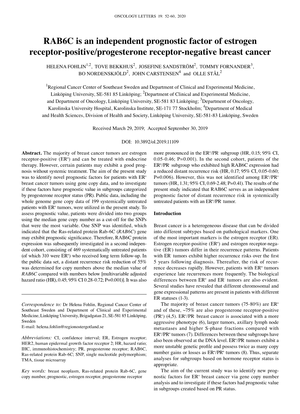 RAB6C Is an Independent Prognostic Factor of Estrogen Receptor‑Positive/Progesterone Receptor‑Negative Breast Cancer