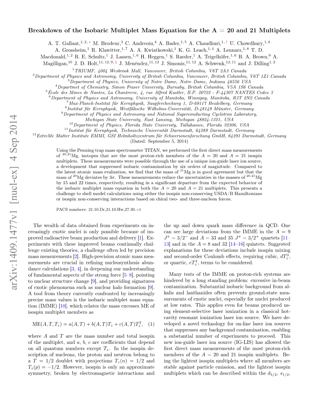 Breakdown of the Isobaric Multiplet Mass Equation for the a = 20 and 21 Multiplets